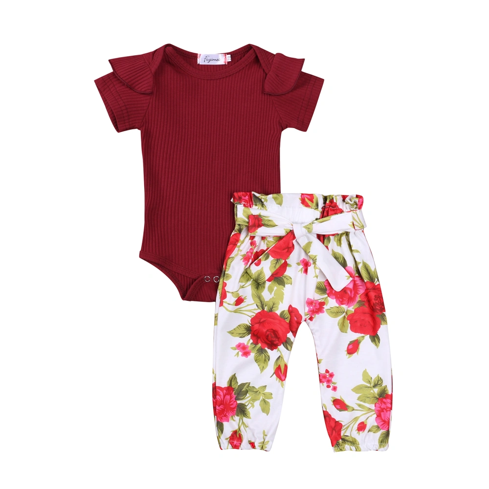 Baby Girls 2-piece Outfit Set Short Sleeve Romper+Floral Pants Set