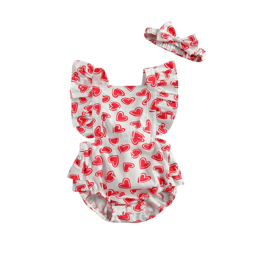 Newborn Baby Girls 2-piece Outfit Set Heart Print Romper+Headband Set