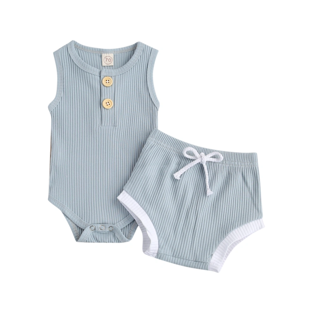 Solid Color Baby's Ribbed Romper Suit, Round Neck Romper Elastic Head Shorts