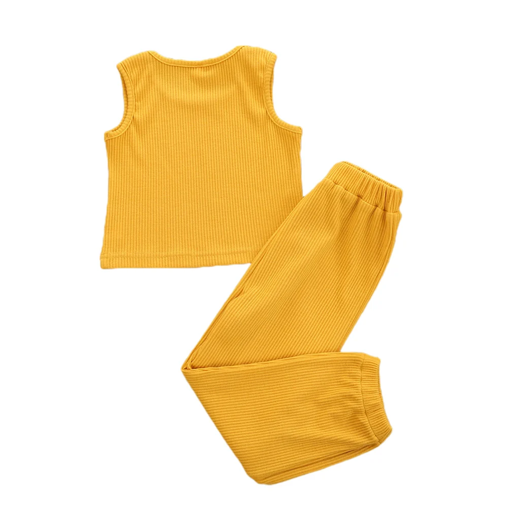 Baby Girls Sleeveless Solid Color Round Neck Tank Top + Trousers