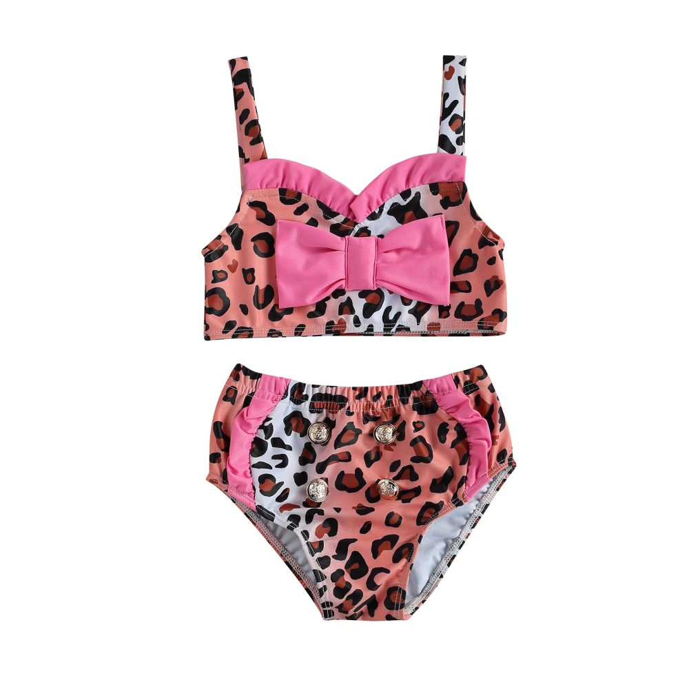 Girls 2 Piece Swimsuits Leopard Print Bowknot Bikini Tops + Bottom Set