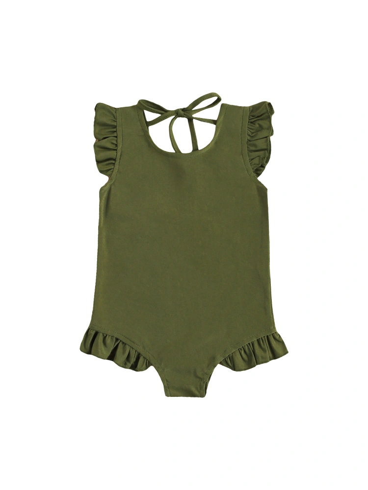 Toddlers Summer Swimwear, Solid Color O-Neck Ruffle Sleeve Backless Swimsuit