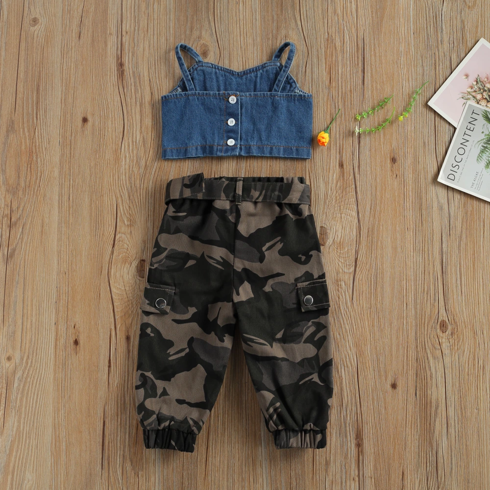 2Pcs Toddler Girl Outfits Button Down Denim Crop Tank Tops + Camouflage Pants