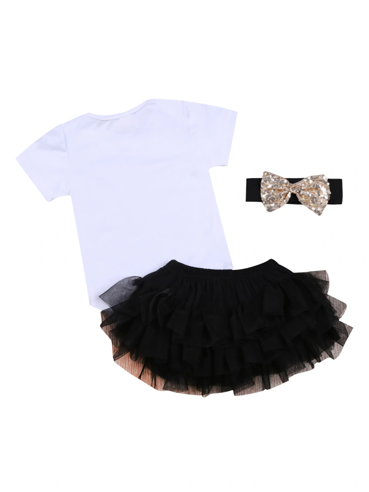 Baby Girl Outfits Short-Sleeved Letter Romper + Gauze Fluffy Skirt + Headband