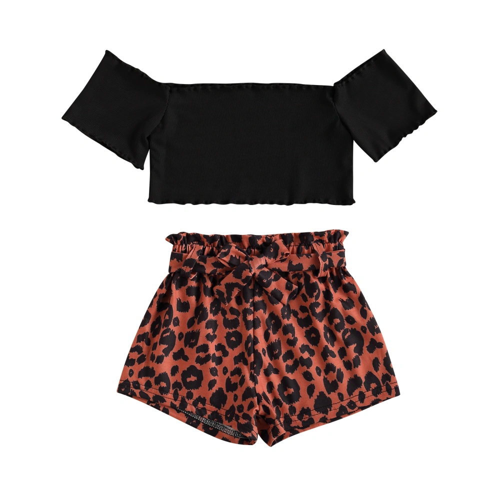 Girl’s Solid Color Short Sleeve T-shirt and Leopard Short Pants Set