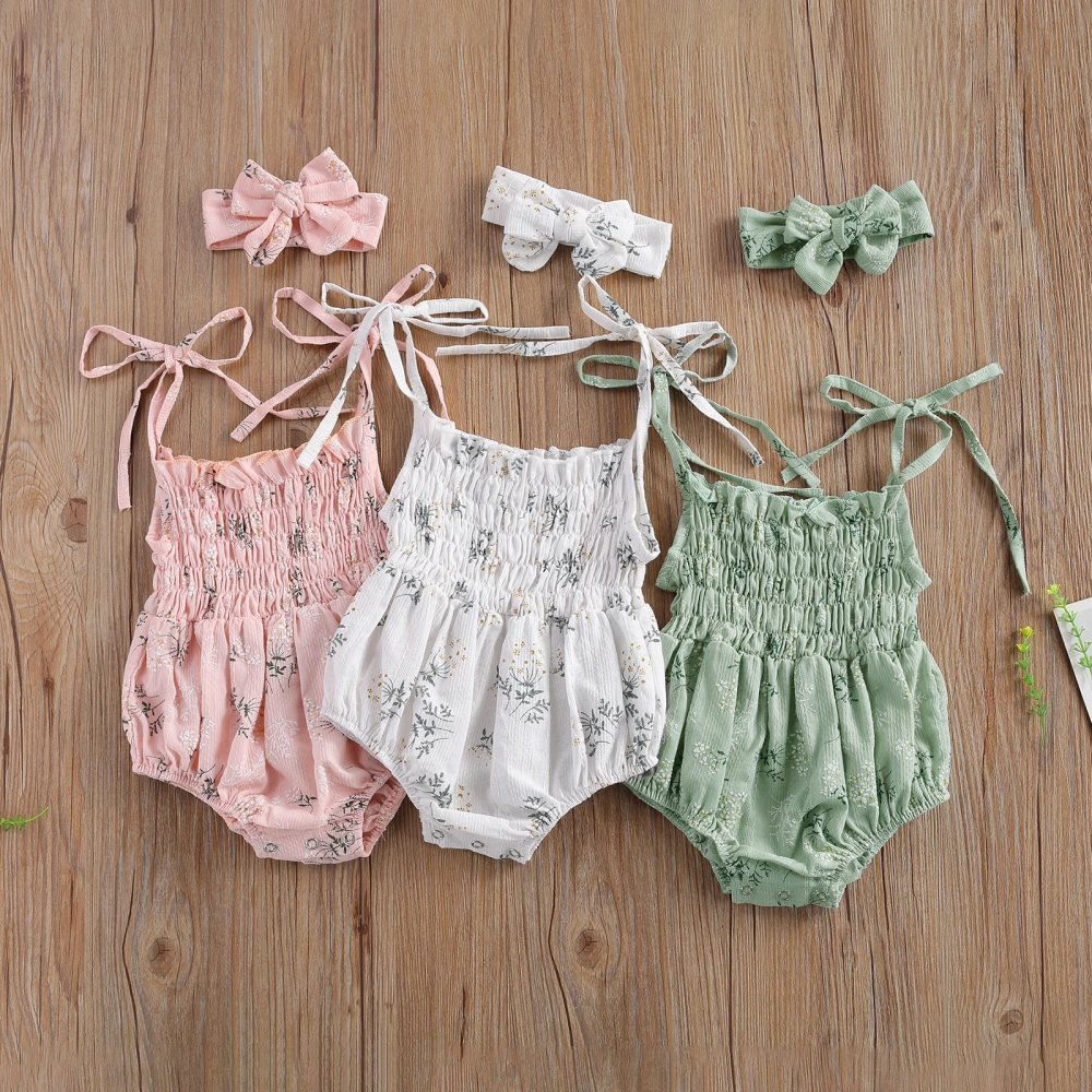 2Pcs Baby Summer Outfits, Floral Printed Spaghetti Strap Romper + Headband