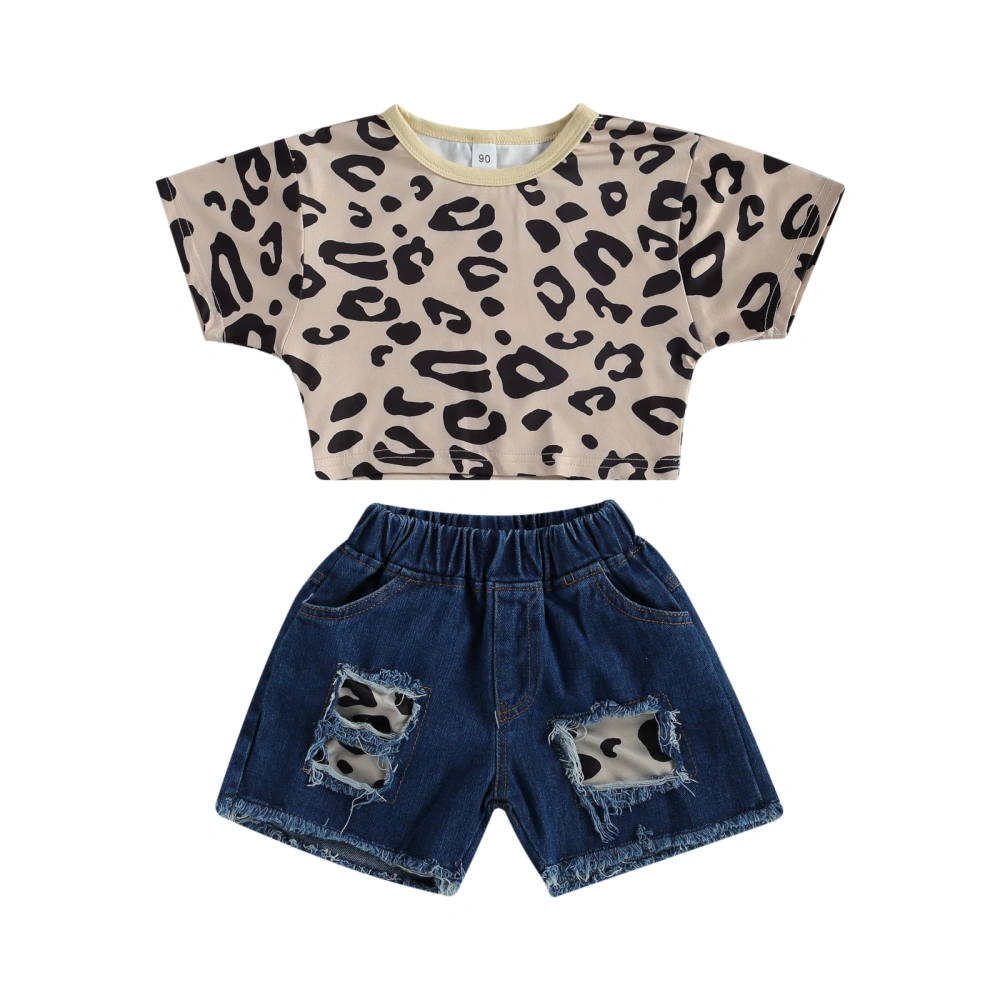 Girl's Two Pieces Set, Children's Leopard Print Crop Tops Shirt Shorts