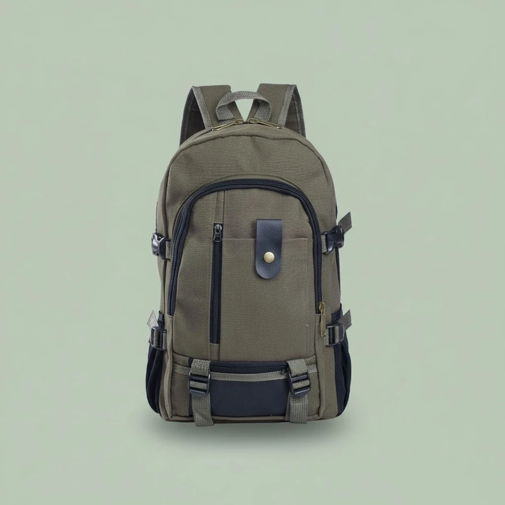 Men's Vintage Canvas Backpack Solid Color Simple Zipper Closure School Bag