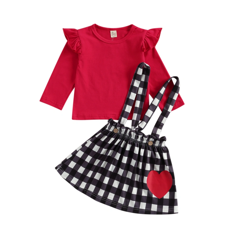 Baby Girl Ruffle Shoulder Tops Patchwork Heart Suspender A-Line Skirt