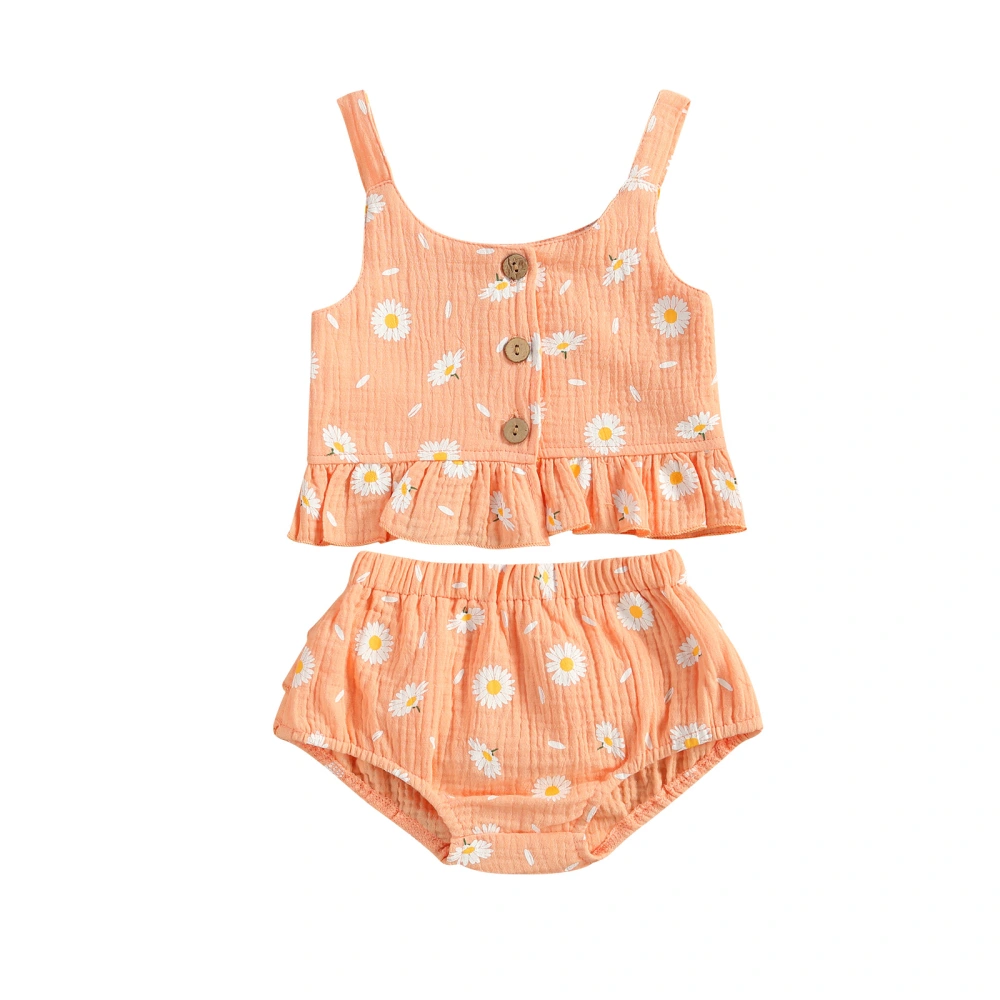 2Pcs Baby Summer Outfits, Daisy Print Tank Tops + Ruffled Shorts