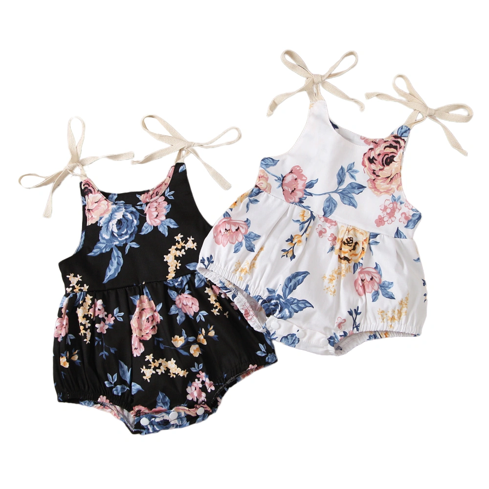 Baby Girl’s Flower Print Round Neck Bow Lace-Up Suspender Romper