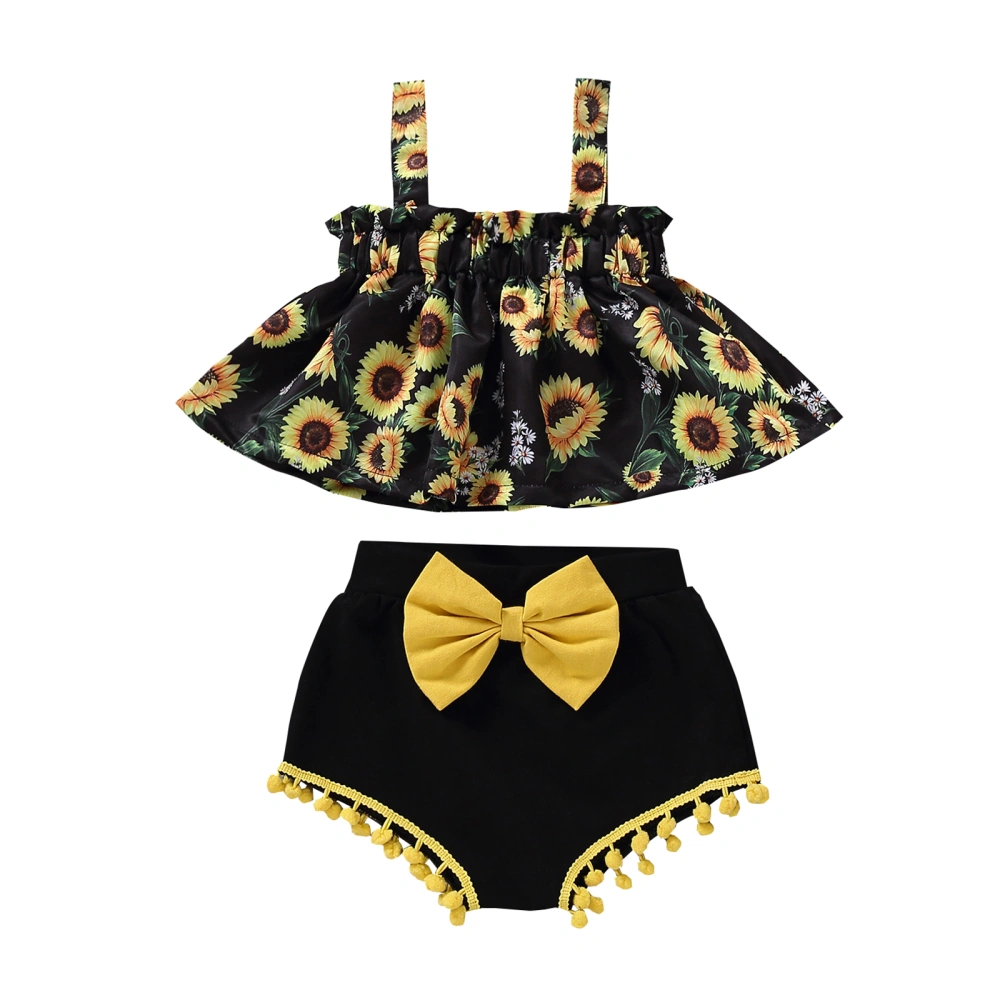 Girl’s 2Pcs Clothes Set, Sunflower Printed Suspender Tops with Triangle Shorts