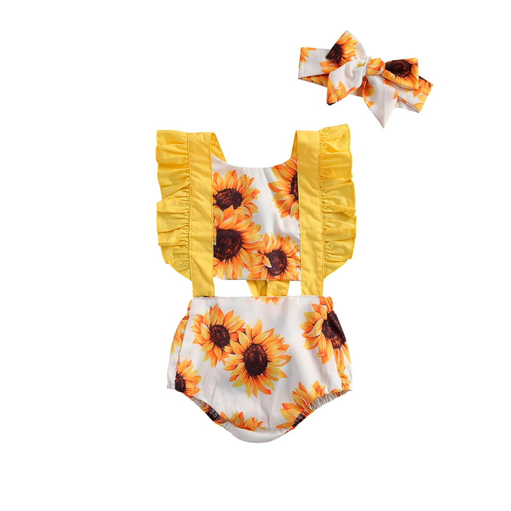 Newborn Infant Girl Sunflower Romper and Bowknot Headband Clothes