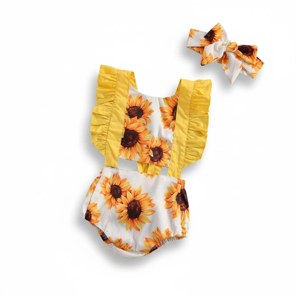Newborn Infant Girl Sunflower Romper and Bowknot Headband Clothes