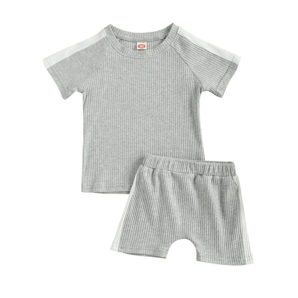 Children's Two-piece Suit Ribbed Short Sleeve Round Neck Tops + Shorts