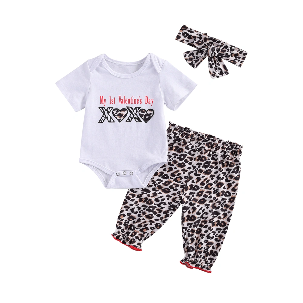 Infant's Three Piece Set, Newborn's Lettering Romper Leopard Trousers Hair Band