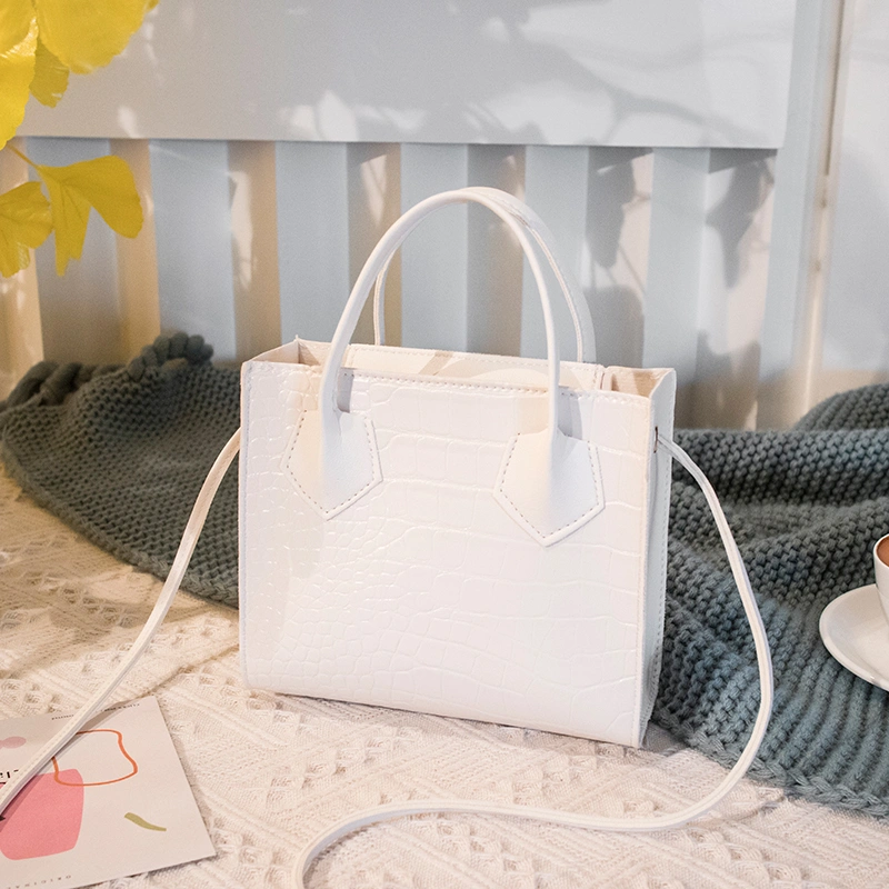 Ladies Monochrome Shoulder Bag Texture Decoration Square Bucket Handbags