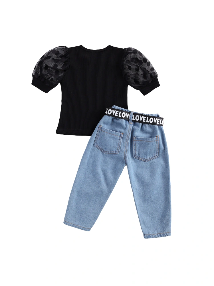 Girls Clothes Set, Black Short Sleeve Tops, Elastic Waist Jeans and Waistband