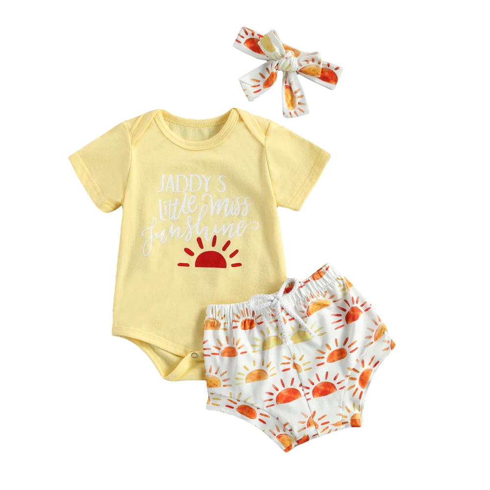 Baby Girl's Three-Piece Suit, Print Romper + Shorts + Headwear