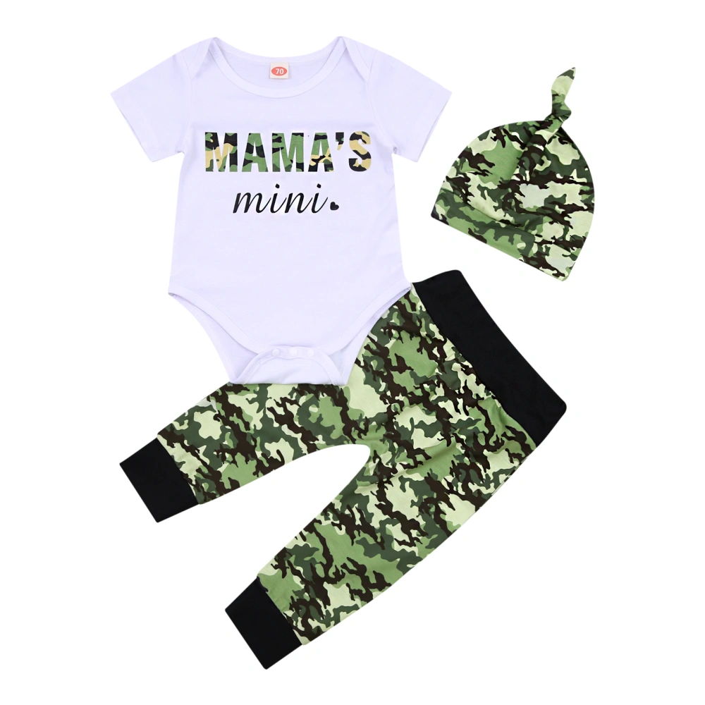 Newborn 3Pcs Romper Set, Letter Printed Bodysuit with Camouflage Pants and Hat