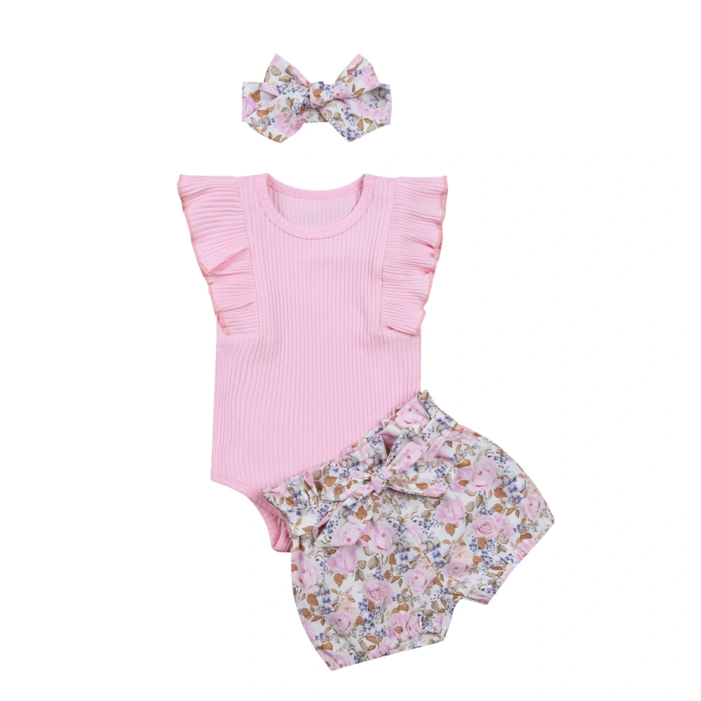 Baby Sleeveless Romper + Shorts + Bow Headband, Flower Print