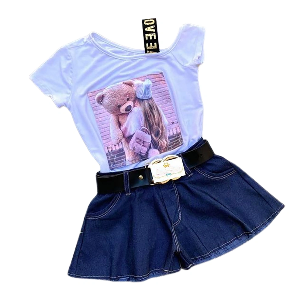 Girl’s Little Bear One-shoulder T-shirt and Denim Short Pants Set