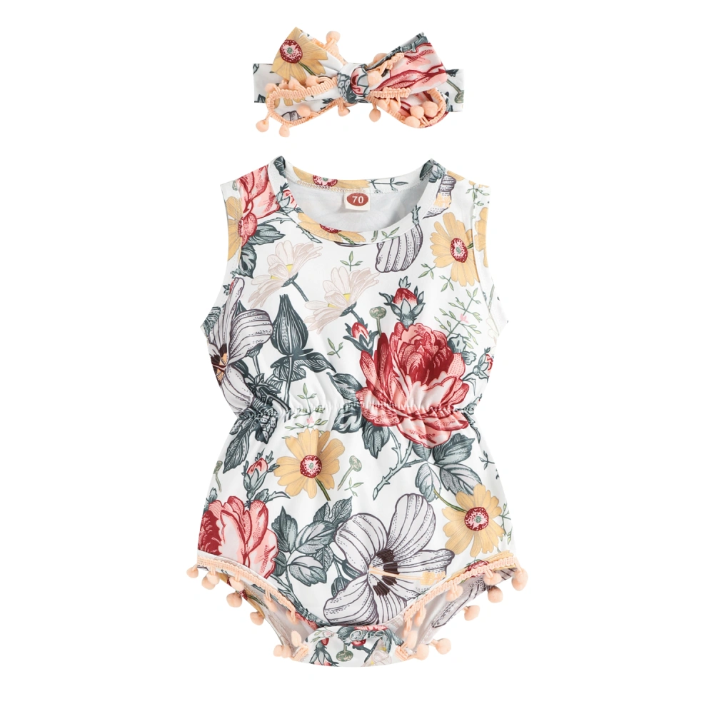 Sleeveless Printed Round Neck Pompom Romper + Bowknot Headband