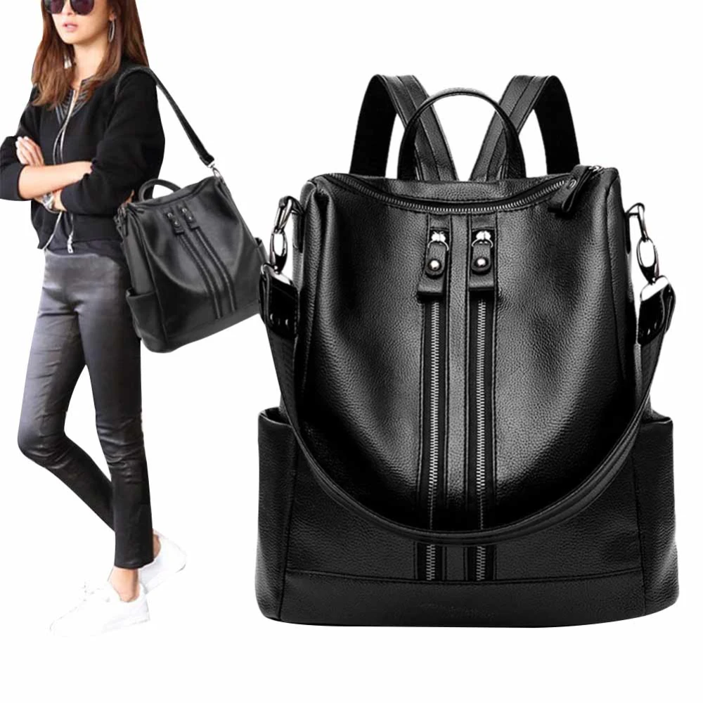 Women's Fashion Black Leather Backpack Multi-Pocket Large Capacity Bag