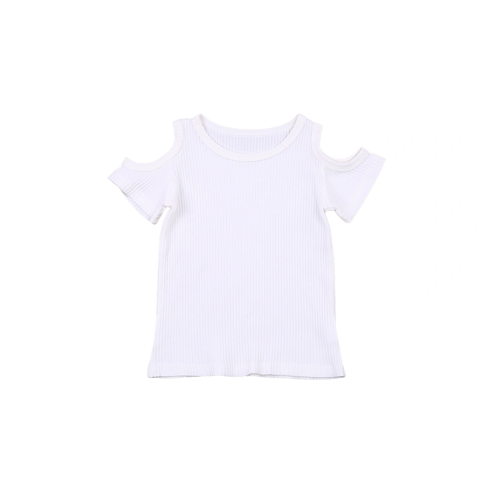 Girl's Solid Color Knitted T-shirt, Short Sleeve Off-shoulder Casual Tops