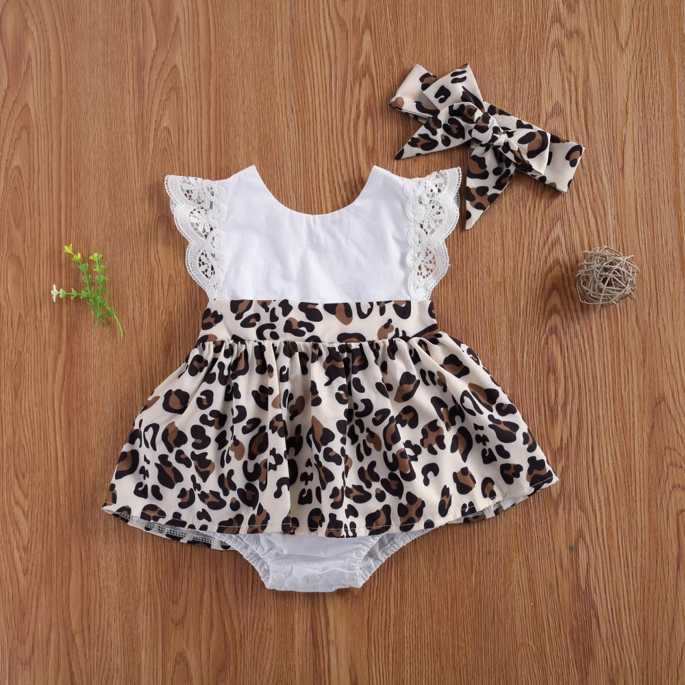 Baby Summer Outfits, Splicing Leopard Print O-Neck Romper Skirt + Hairband