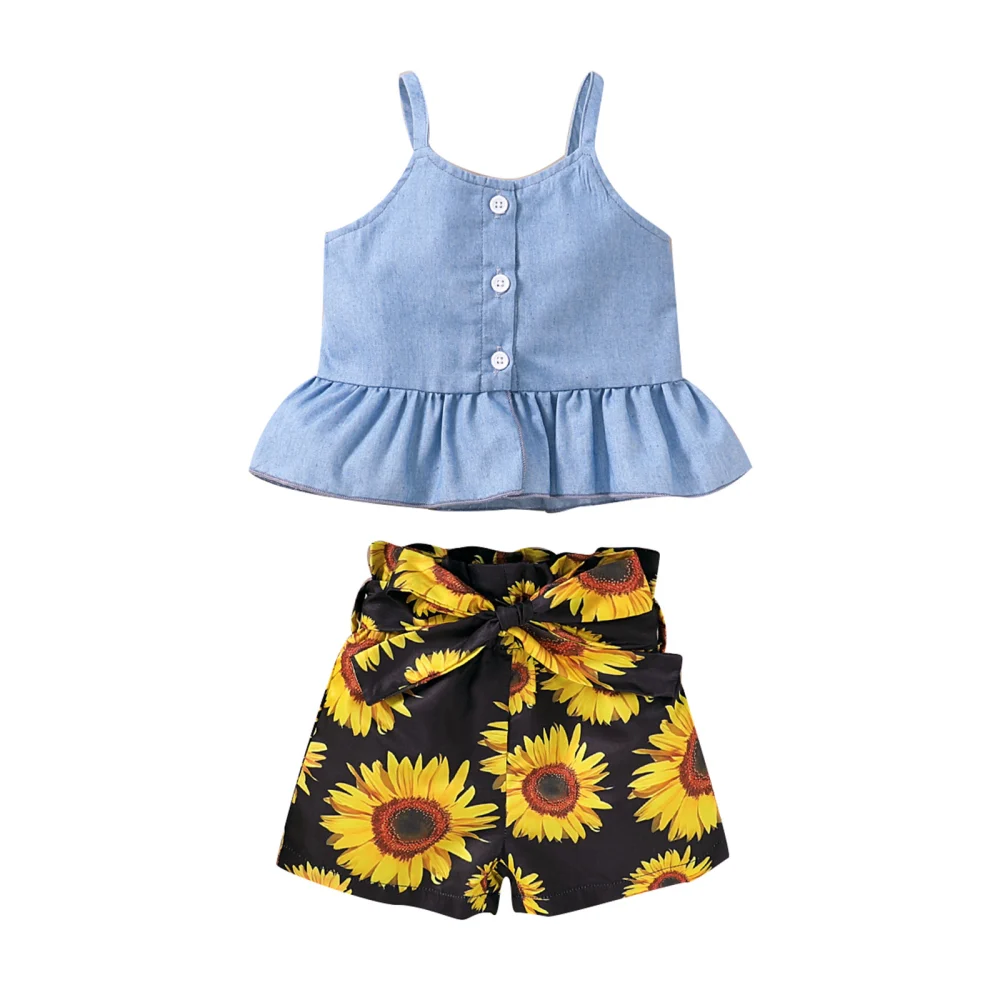 Kid's Sunflower Two Piece Suits, Round Neck Camisole Short Pants