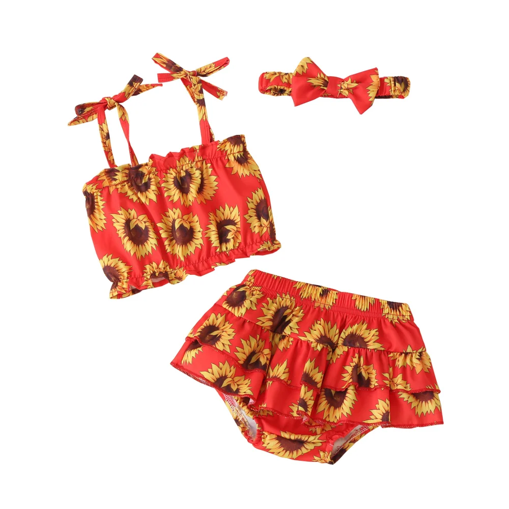 Baby Girls Clothes Set, Floral Print Suspender Tops, Culottes and Headdress