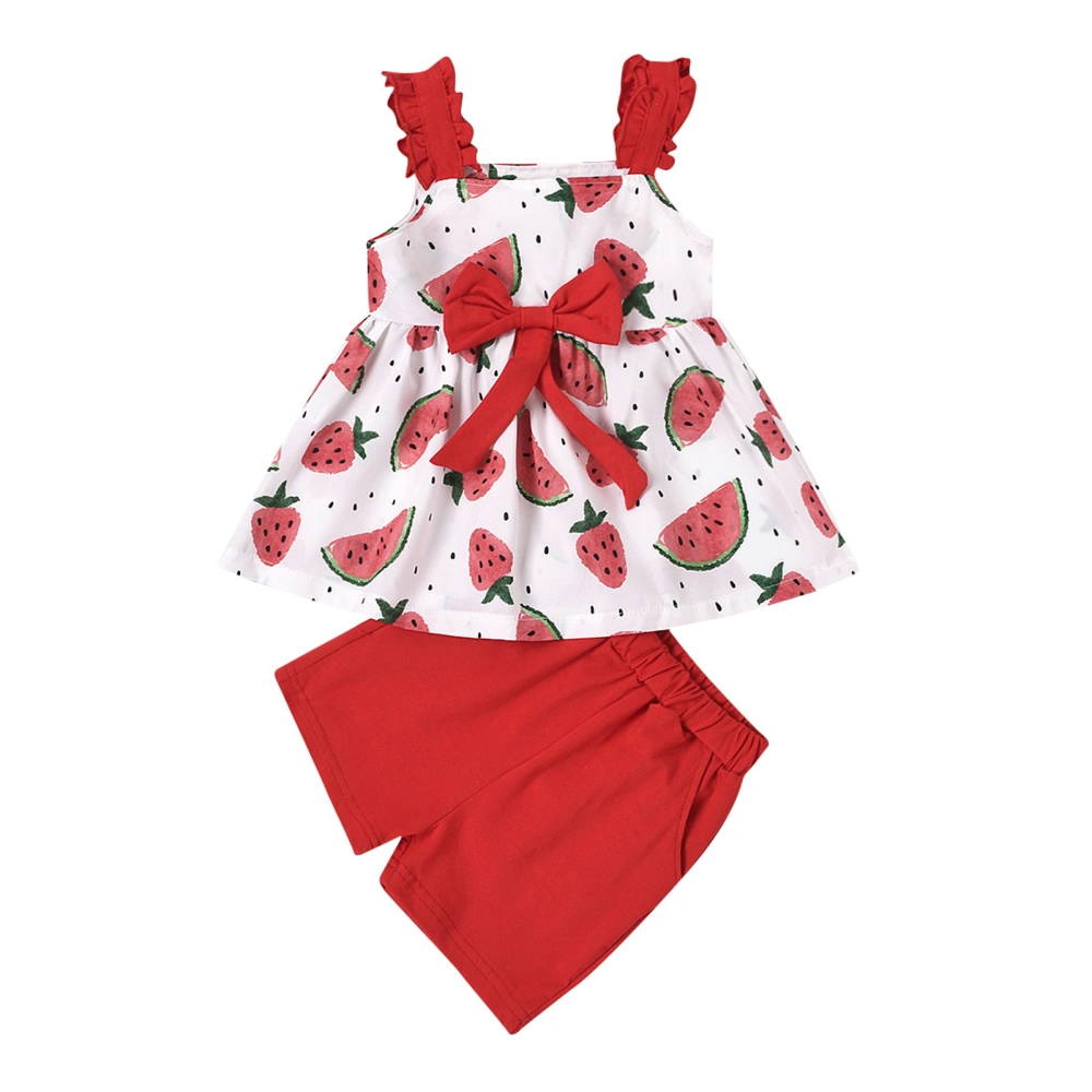 Watermelon/Flower Ruffle Strap Bowknot Tank Top + Shorts with Pockets