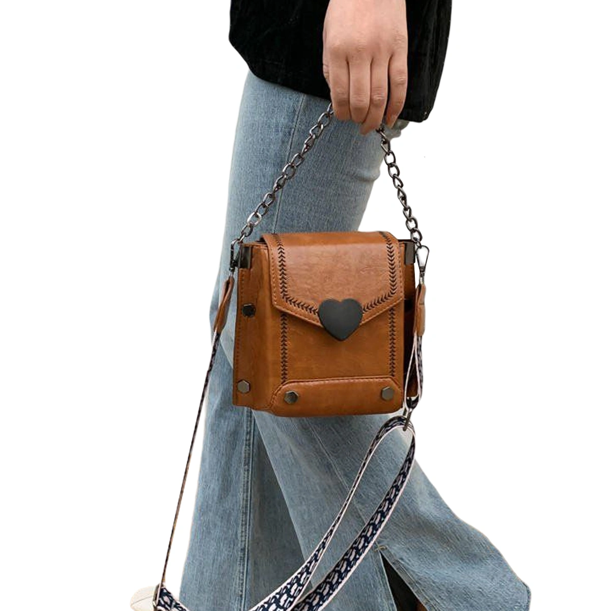 Women Messenger Bag, Retro Style Shoulder Purse with Heart Buckle