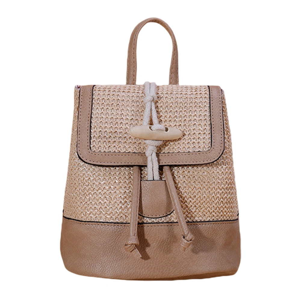 Women Backpack, Straw PU Leather Horn Button Decor Adjustable Bag 