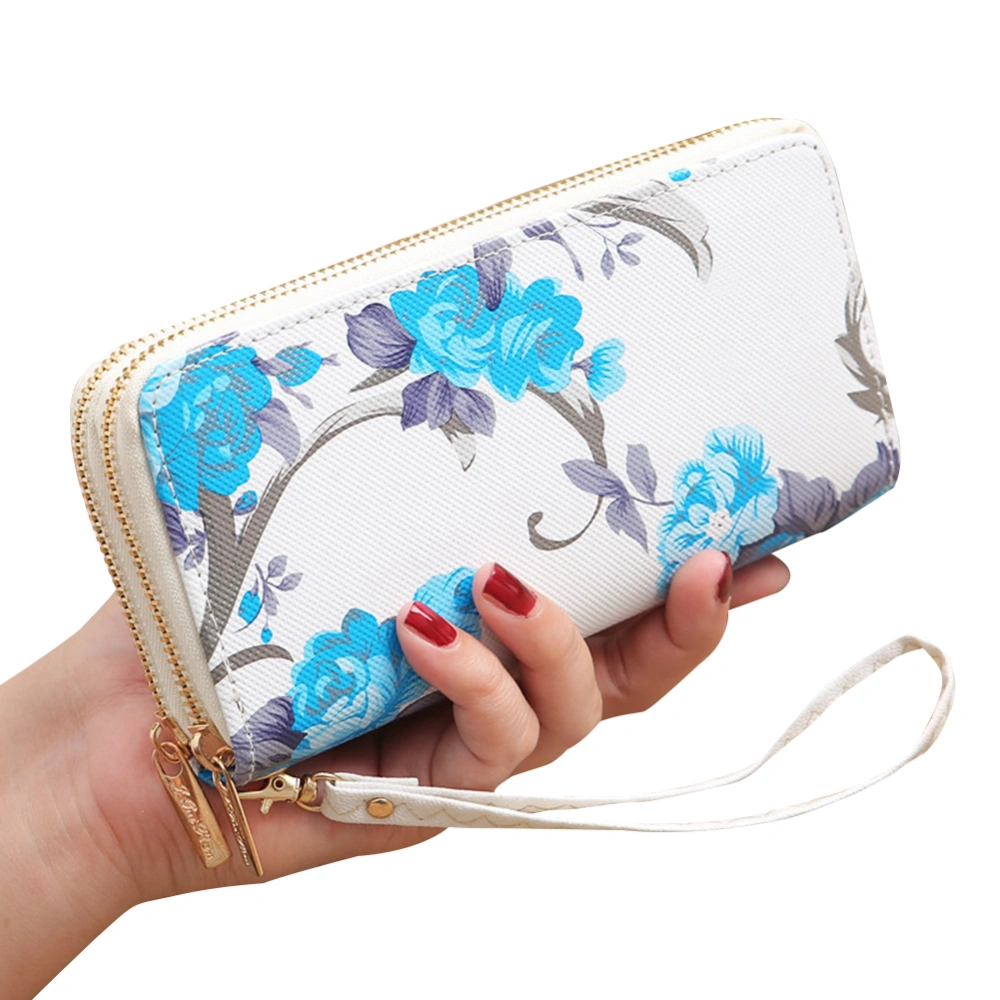 Women Long Double Zip Wallet, Floral Printed Large Capacity Purse