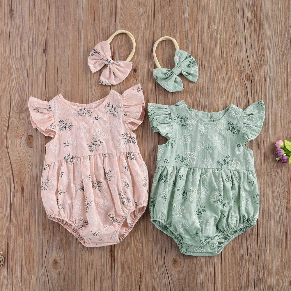 Baby Floral Print Round Collar Fly Sleeve Bodysuit+ Hair Band