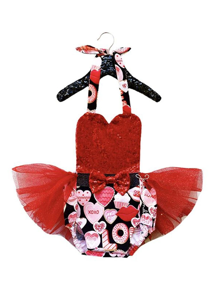 Toddler Baby Girl's Dress, Sequin Love Printing Halter Outfits