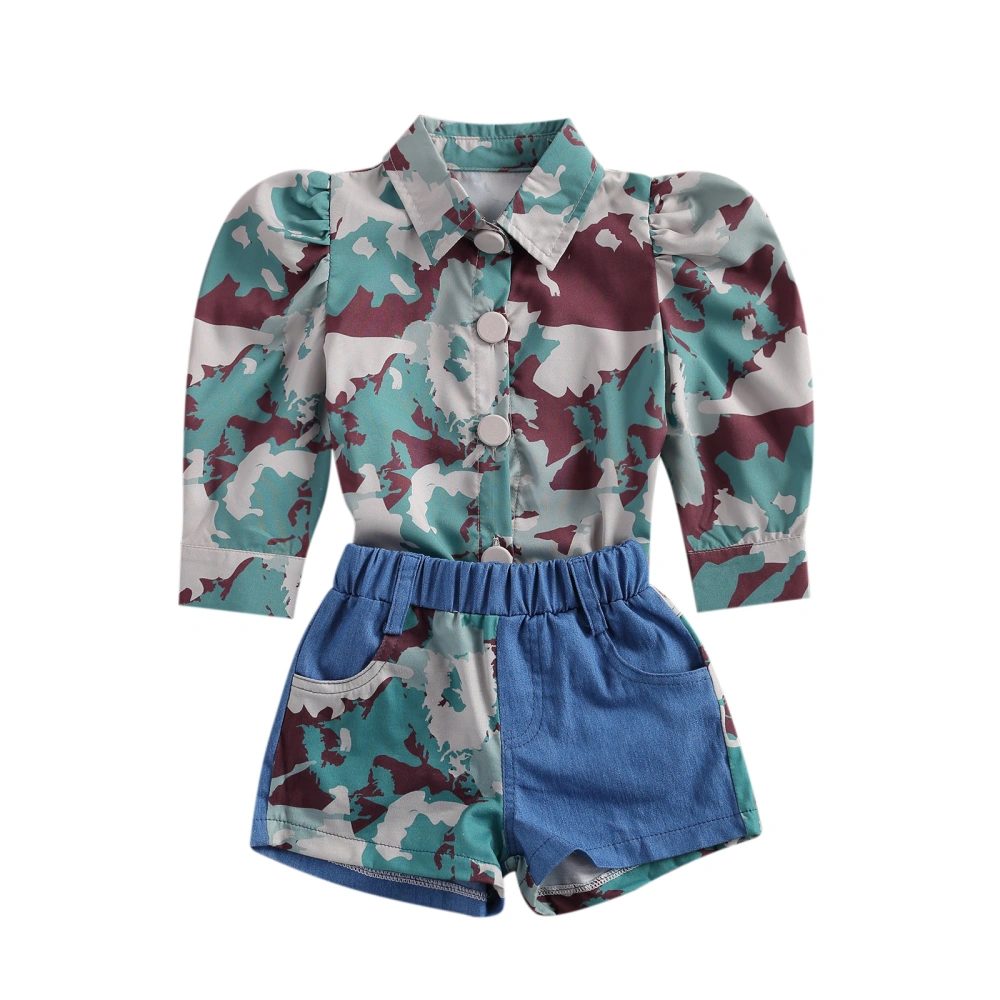 Baby Girls Camouflage Lapel Neck Tops+Elastic Waist Denim Shorts