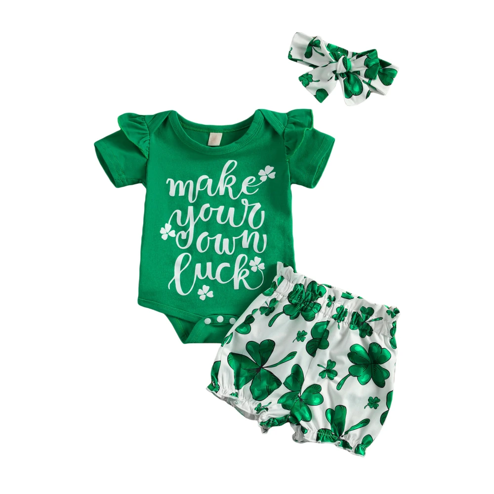 Baby Clover Print Clothes Set, Romper with Ruffle+Shorts+Headband