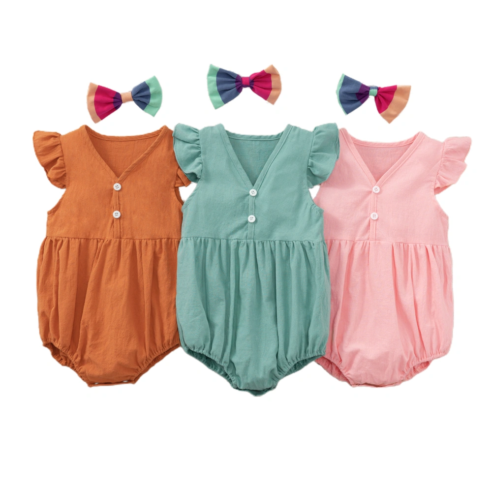 2Pcs Baby Summer Outfit, Solid Color V-Neck Romper + Hairband Suit