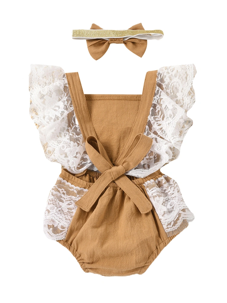 Fly Sleeve Square Collar Hollow Out Tie Up Lace Romper + Bowknot Headband