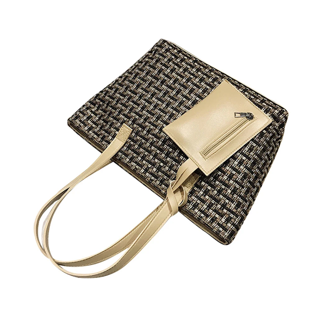 Women's Large Capacity Color Blocking Plaid Tote Bag with Small Wallet