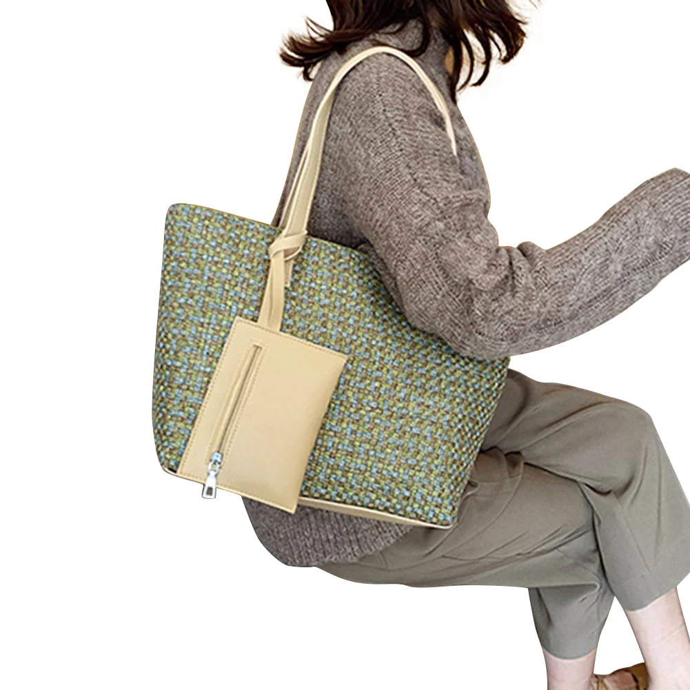 Women's Large Capacity Color Blocking Plaid Tote Bag with Small Wallet