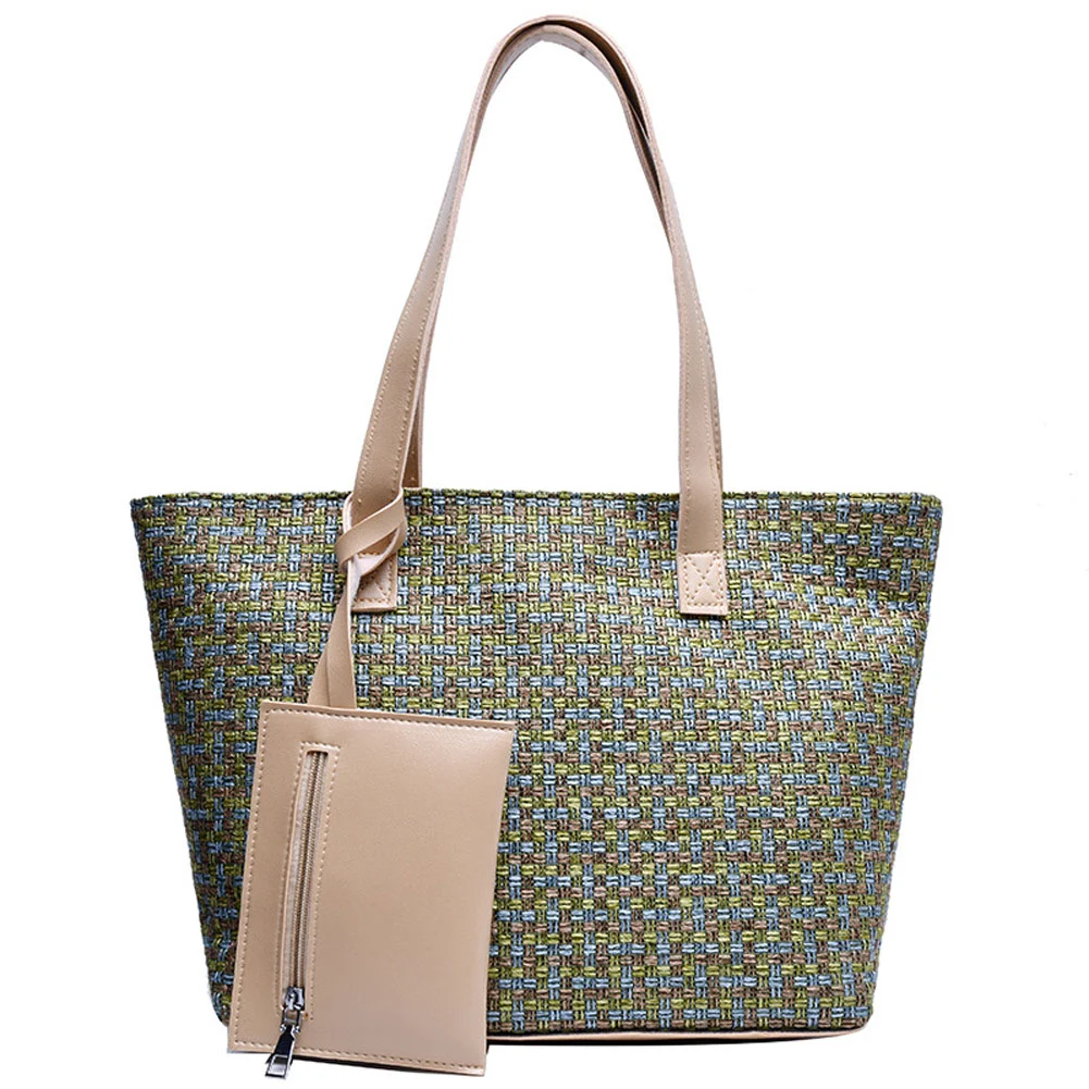Women's Large Capacity Color Blocking Plaid Tote Bag with Small Wallet