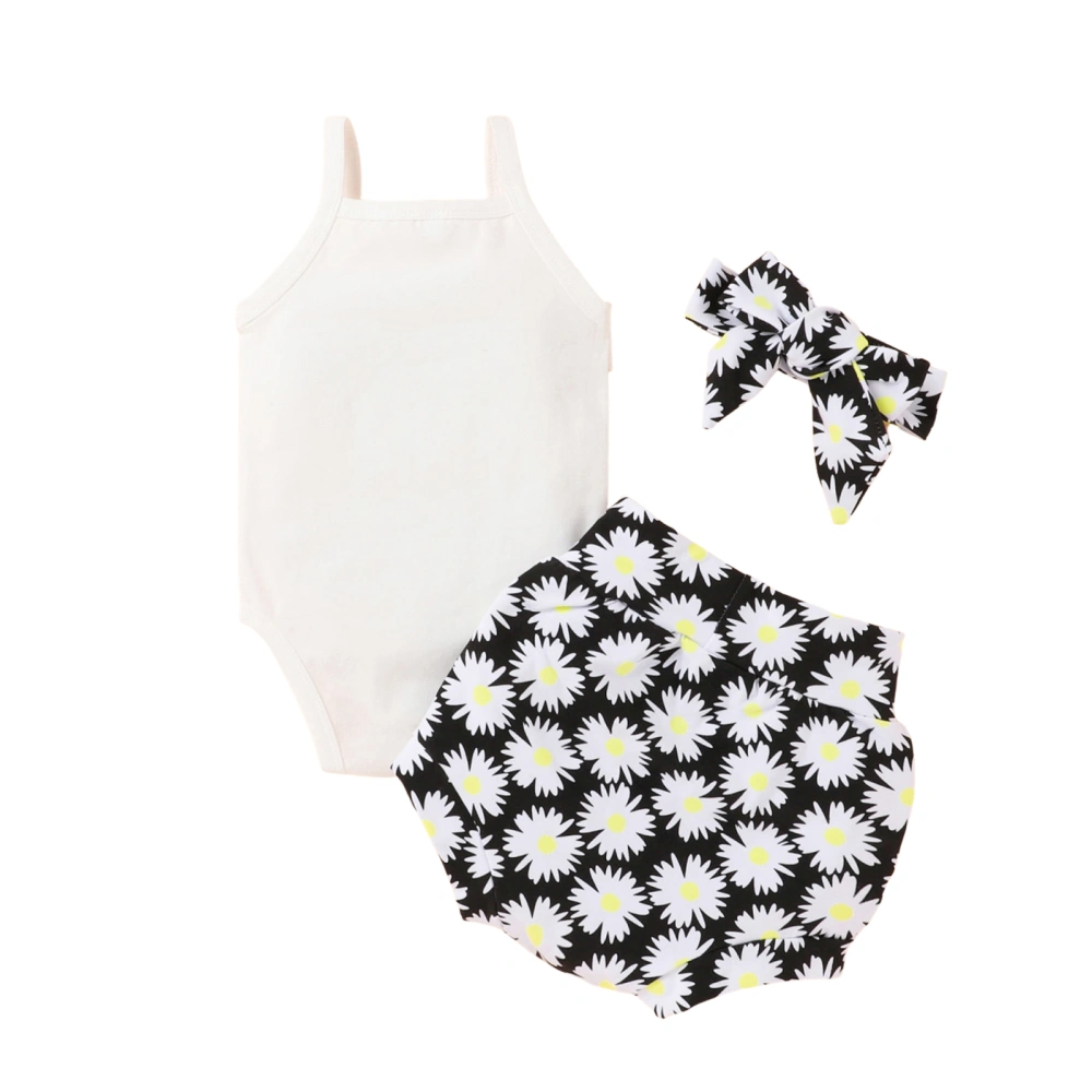 Baby Camisole Romper + Shorts + Bow Headband, Daisy Print Clothing