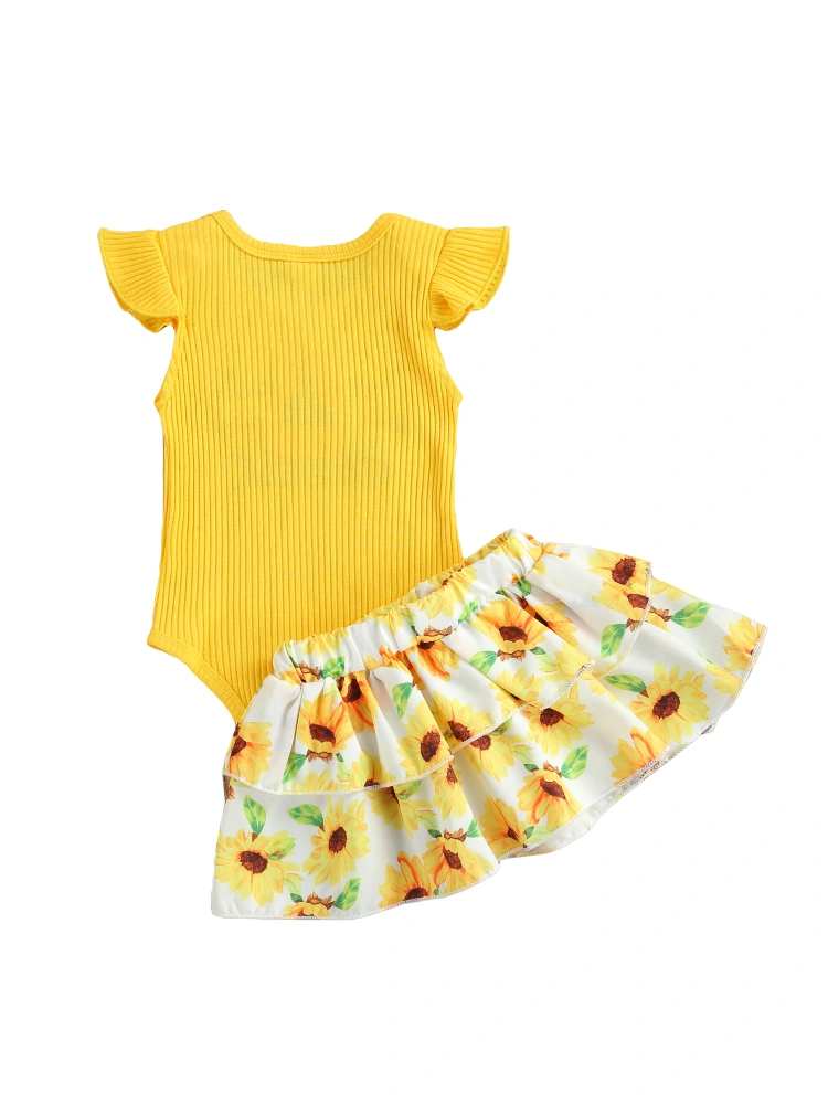 Baby Girl’s Letter Fly Sleeve Romper and Flower A-line Skirt Set