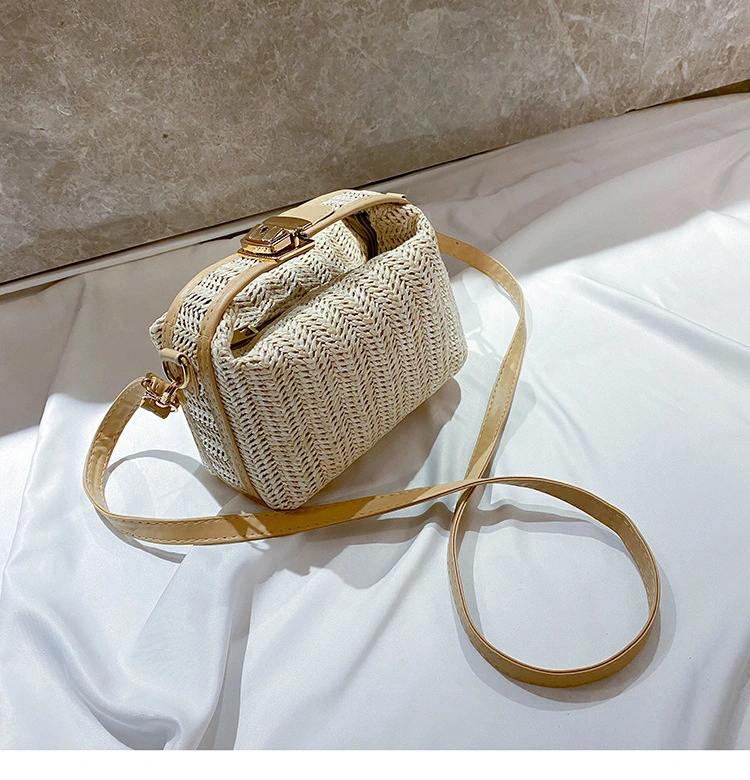 Women's Portable Woven Style Metal Latch Adjustable Strap Straw Bags