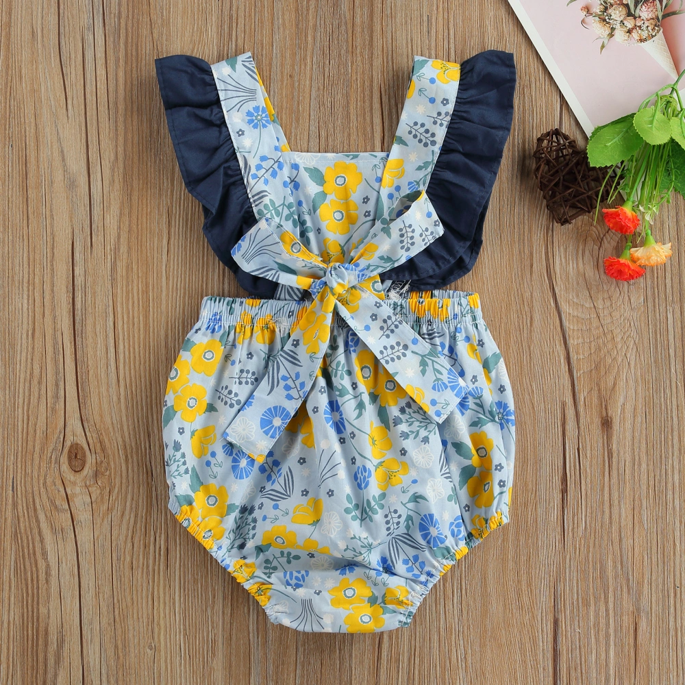 Color Block Tie Up Floral Print Fly Sleeve Square Collar Romper