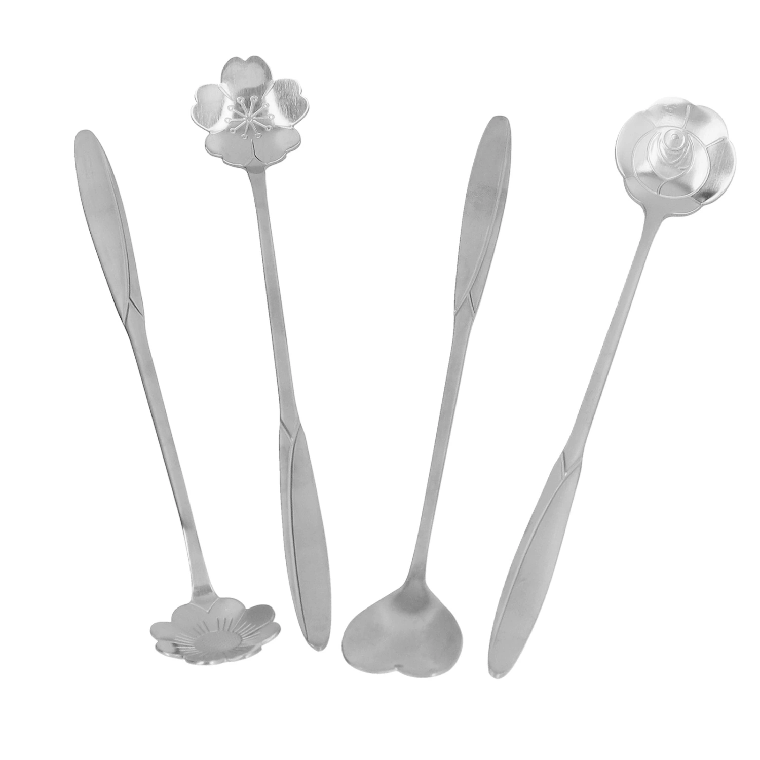 4PCS Mixing Spoon Flower Heart Shaped Coffee Spoon Stainless Steel Desert Scoop Ice Tea SpoonSilver